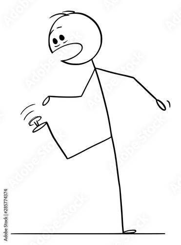 Vector cartoon stick figure drawing conceptual illustration of man or businessman who step on sharp thumbtack, pushpin or drawing pin with his shoe or bare foot.