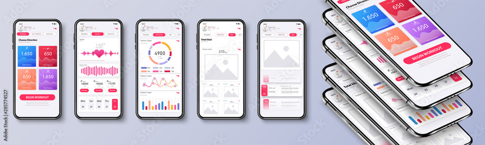 Different UI, UX, GUI screens fitness app and flat web icons for mobile apps, responsive website including. Web design and mobile template. Fitness interface design for mobile application. Vector