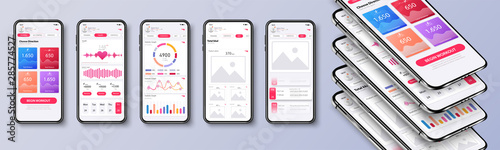 Different UI, UX, GUI screens fitness app and flat web icons for mobile apps, responsive website including. Web design and mobile template. Fitness interface design for mobile application. Vector photo