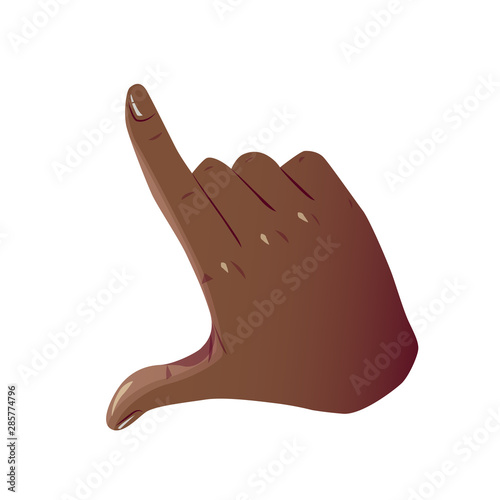 Flat black hand touching screen gesture. African American Pointing Hand like Push Button sign. Flat Isolated on white background.