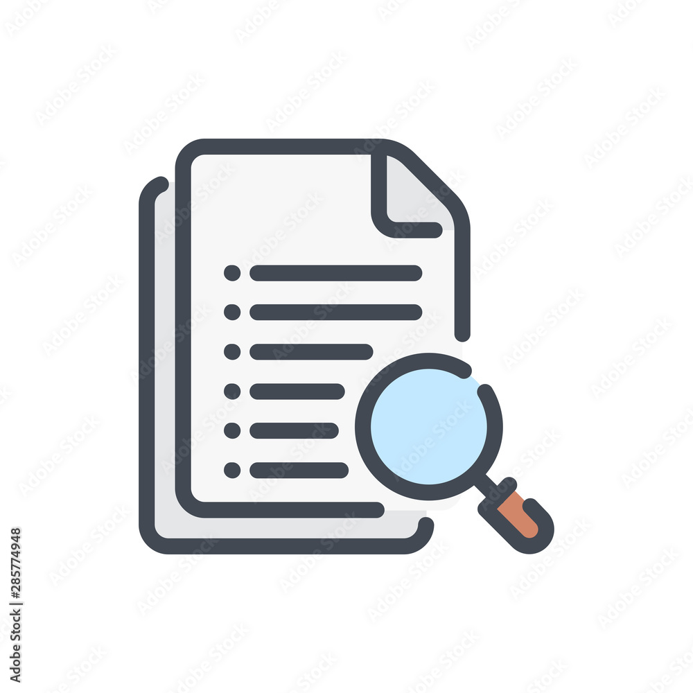 Document and File Search color line icon. Docs with magnifier vector outline colorful sign. Document and File Search color line icon. Docs with magnifier vector outline colorful sign.