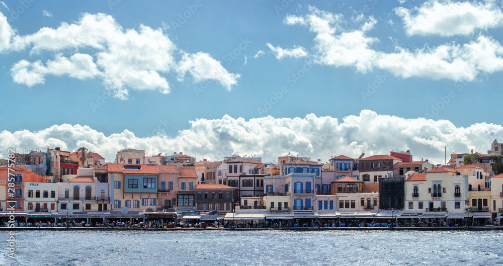 Panorama of the promenade with cafes and restaurants, hotel.  Old European style architecture