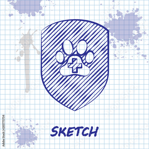 Sketch line Animal health insurance icon isolated on white background. Pet protection icon. Dog or cat paw print. Vector Illustration
