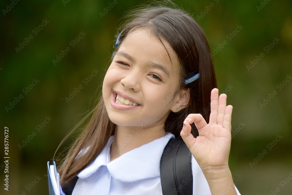 Diverse Girl Student And Okay Sign Wearing School Uniform Diverse Girl Student And Okay Sign Wearing School Uniform