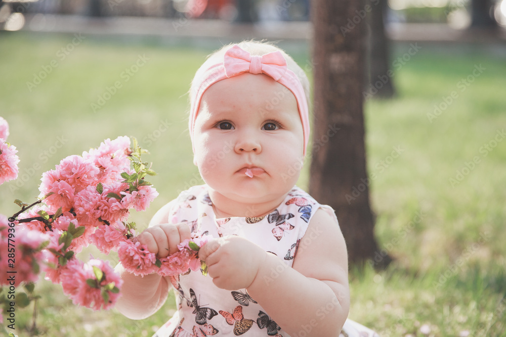 Close up portrait of little cute baby girl sitting on the grass in a park and eating flowers from a blooming sakura tree Close up portrait of little cute baby girl sitting on the grass in a park and eating flowers from a blooming sakura tree