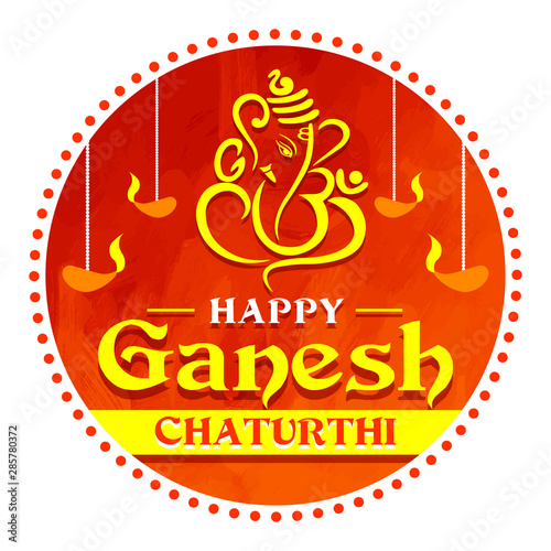 Happy Ganesh Chaturthi. Indian Festival of lord Ganapati Banner, Logo design, Sticker, Concept, Greeting Card Template, Icon, Poster, Unit, Label, Web, Mnemonic on Red and Yellow Background in circle.