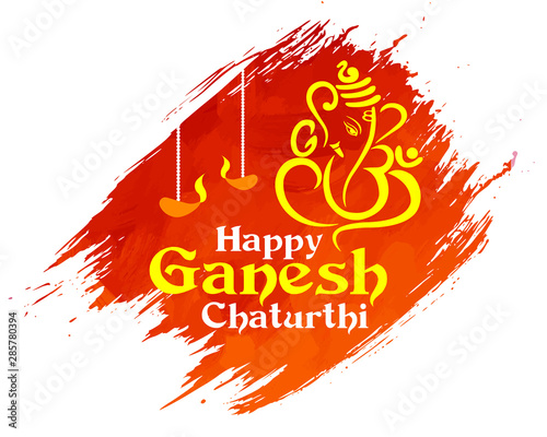 Happy Ganesh Chaturthi. Indian Festival of lord Ganapati Banner, Logo design, Sticker, Concept, Greeting Card Template, Icon, Poster, Unit, Label, Web, Mnemonic on Red paint brush stroke Background