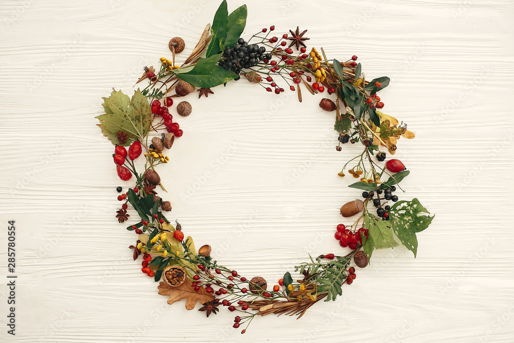 Autumn wreath of fall leaves, red berries, acorns, anise, nuts, autumn flowers on white wood, flat lay. Copy space.  Cozy autumn mood. Seasons greeting card