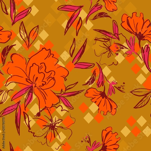 Seamless vector pattern with flowers and leaves. Trendy Decorative ornament for fashion textiles. Сolorful floral background. Fabric design.