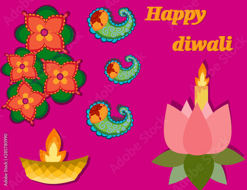 Deepavali card with lotus and flowers.Diwali is the festival of lights.Traditional Indian festival colorful background.