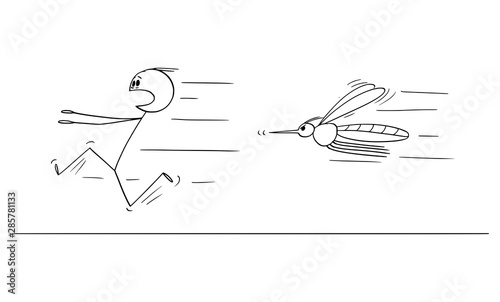 Vector cartoon stick figure drawing conceptual illustration of man running away in fear from mosquito or insect.