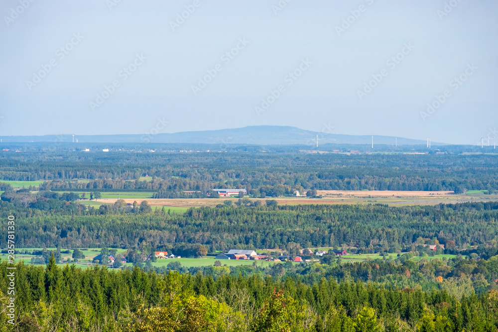Aerial view at country landscape and Kinnekulle hill in Sweden
