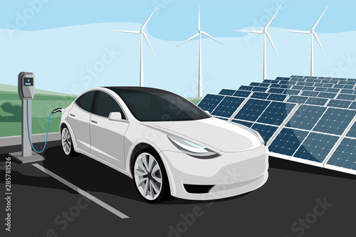 Electric car with charging station on a background of eco city using renewable energy. Vector illustration EPS 10