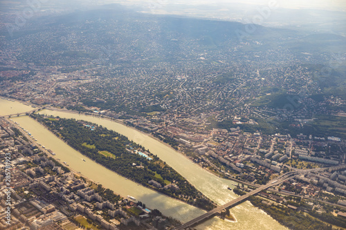 Photography Aerial view of Danube river in Budapest, Hungary