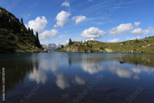 lake in the mountains with clouds reflected