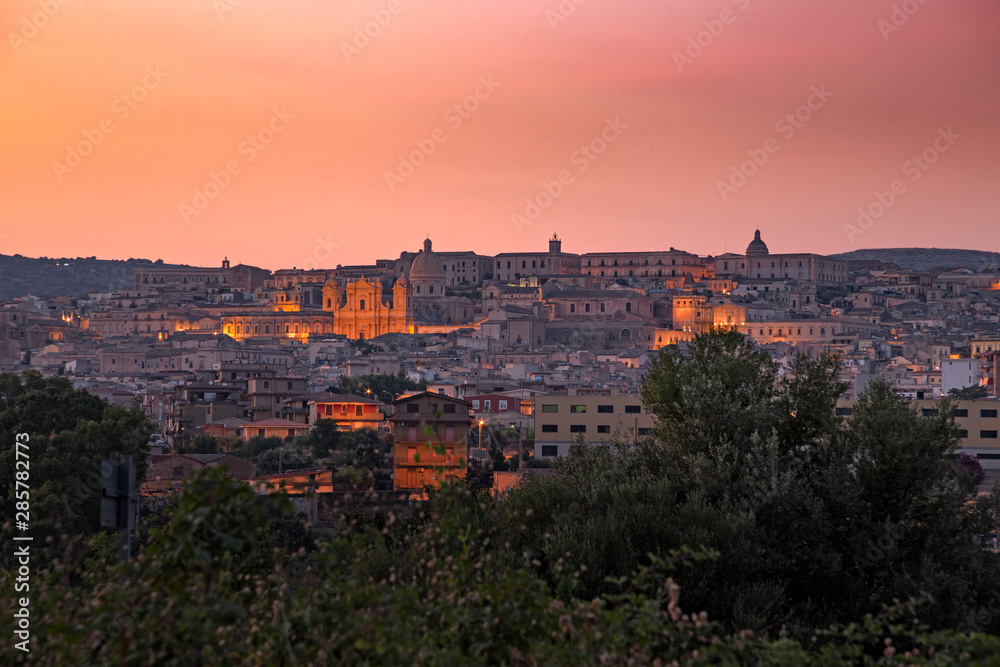 Panoramic view of the Baroque old town of Noto, in the light of sunset, in Sicily Italy.