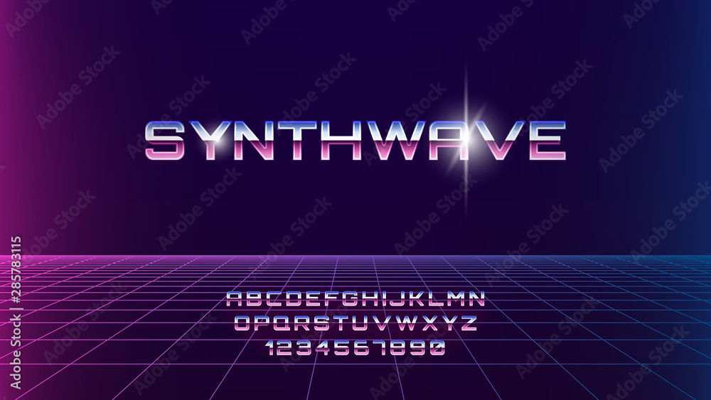 Synthwave chrome font. 80s sci-fi retro style. Dark backdrop with perspective grid. Letters and numerals with metal look Synthwave chrome font. 80s sci-fi retro style. Dark backdrop with perspective grid. Letters and numerals with metal look