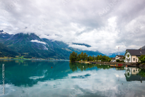 clouds over Oppstryn lake in Hjelle in Norway