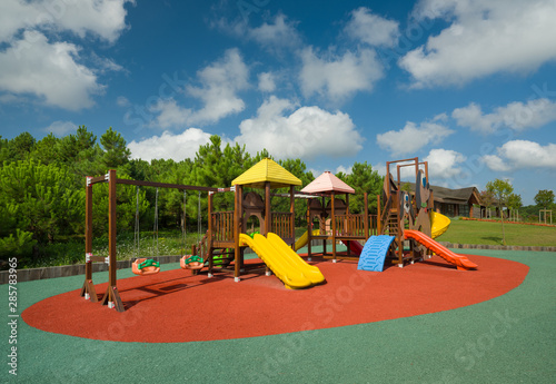 Wooden decorative children playground in park