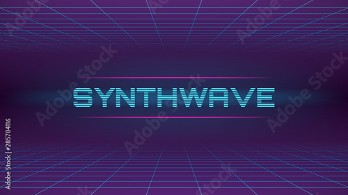 80s retro style background. Dark futuristic backdrop with two perspective grids. Blue word synthwave in the middle between neon lights. Geometric template