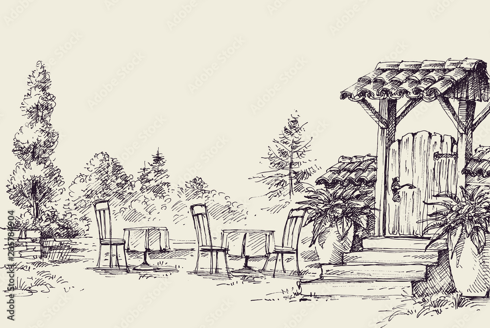 Restaurant terrace sketch, table set outdoors