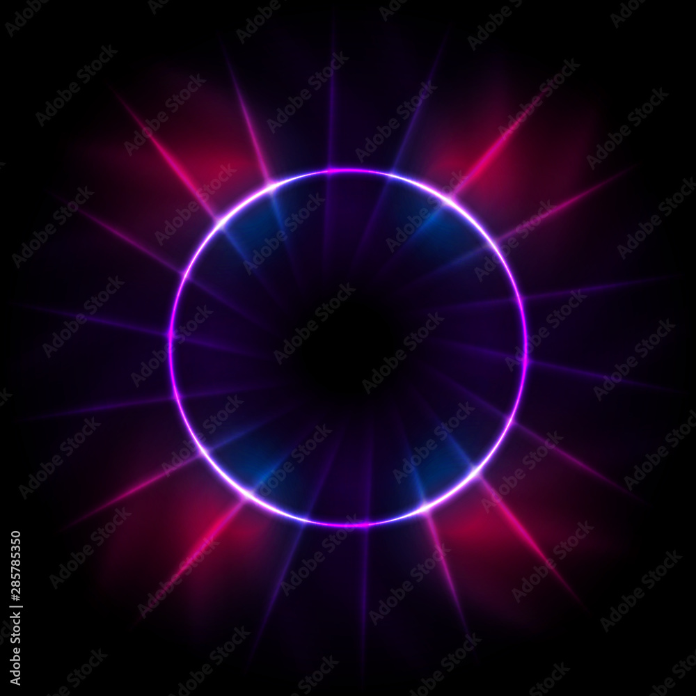 Glowing laser circle and light rays. Abstract tech neon blue purple background. Retro luminous design. Vector illustration Glowing laser circle and light rays. Abstract tech neon blue purple background. Retro luminous design. Vector illustration