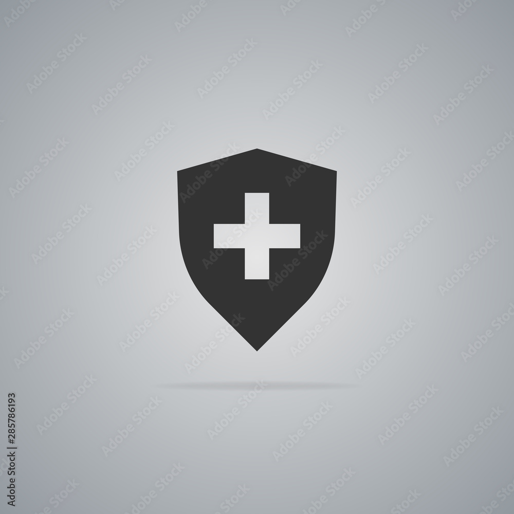 Obraz premium Medical shield black icon in flat style isolated on gray background. Vector illustration.