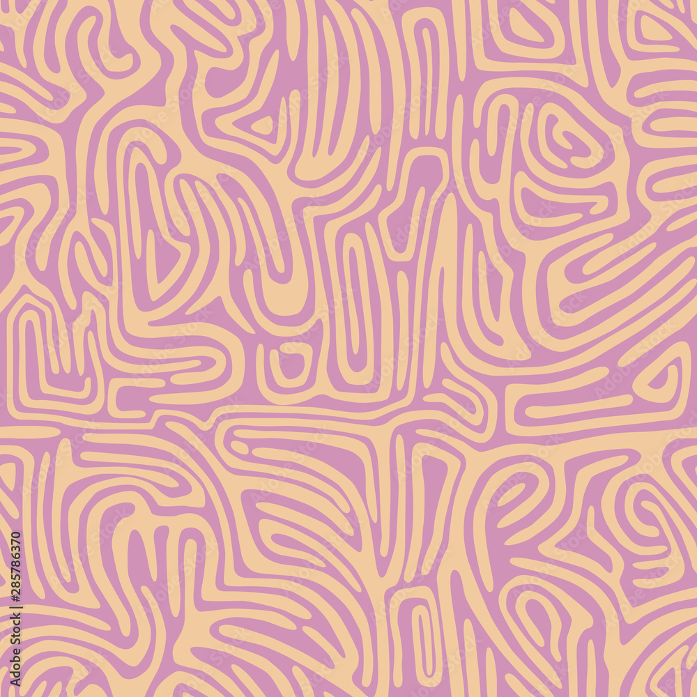 Labyrinthine seamless pattern with curve peach figures on pink backdrop. Bent shapes seamless abstract pattern. Abstract wallpaper. Convoluted figures pattern. Short thick curved stripes.