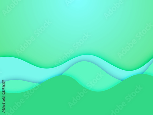 Paper cut background. Abstract realistic paper decoration for design textured with cardboard wavy Green sea layers. 3d Sea wave. Carving art. Vector illustration. Paper ship origami