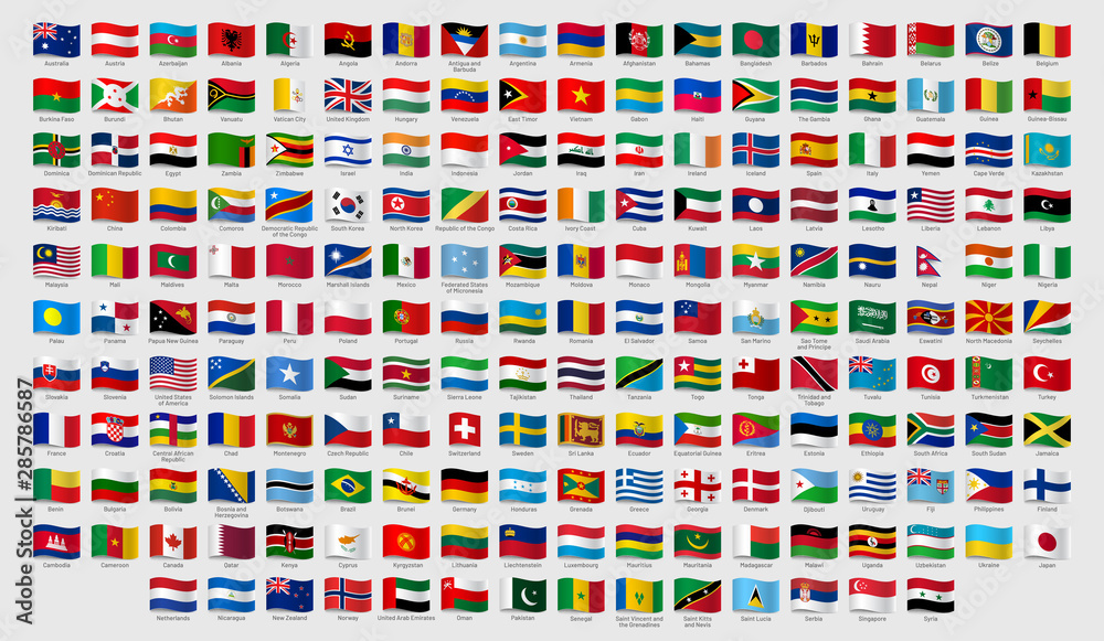World national waving flags. Official country signs with names, countries  flag banners. International travel symbols, geography or language lesson  flags emblem. Isolated vector signs set Stock Vector