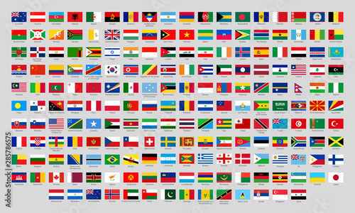 World national flags. Official country signs, europe emblems, asia and america countries flag. International language knowledge or Africa, Canada and Japan flags. Flat isolated vector icons set