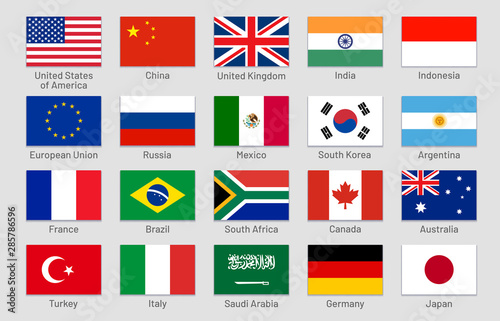 G20 countries flags. Major world advanced and emerging economies states, official Group of Twenty flag labels. International financial summit forum meeting flags symbols. Isolated vector icons set