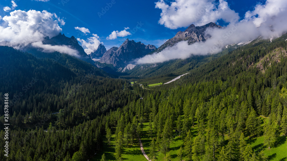 Panoramic view on Dolomites, Val Fiscalina. Drone photography,