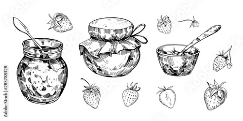 Jar with jam and strawberry. Hand drawn outline converted to vector