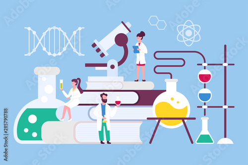 Scientists working on medical, chemical or biological laboratory reseach and test concept with small people characters. Vector illustration photo