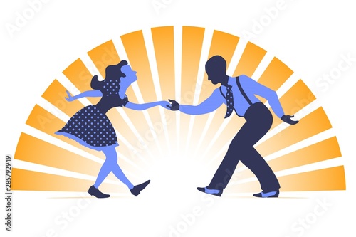 Swing dance couple silhouette in two colors on orange background with sunset rays
