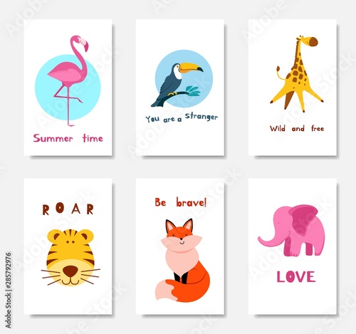 Funny cartoon posters set with cute animals and text. Lovely kind design for childrens fabric or baby shower cards. Flat vector illustration.