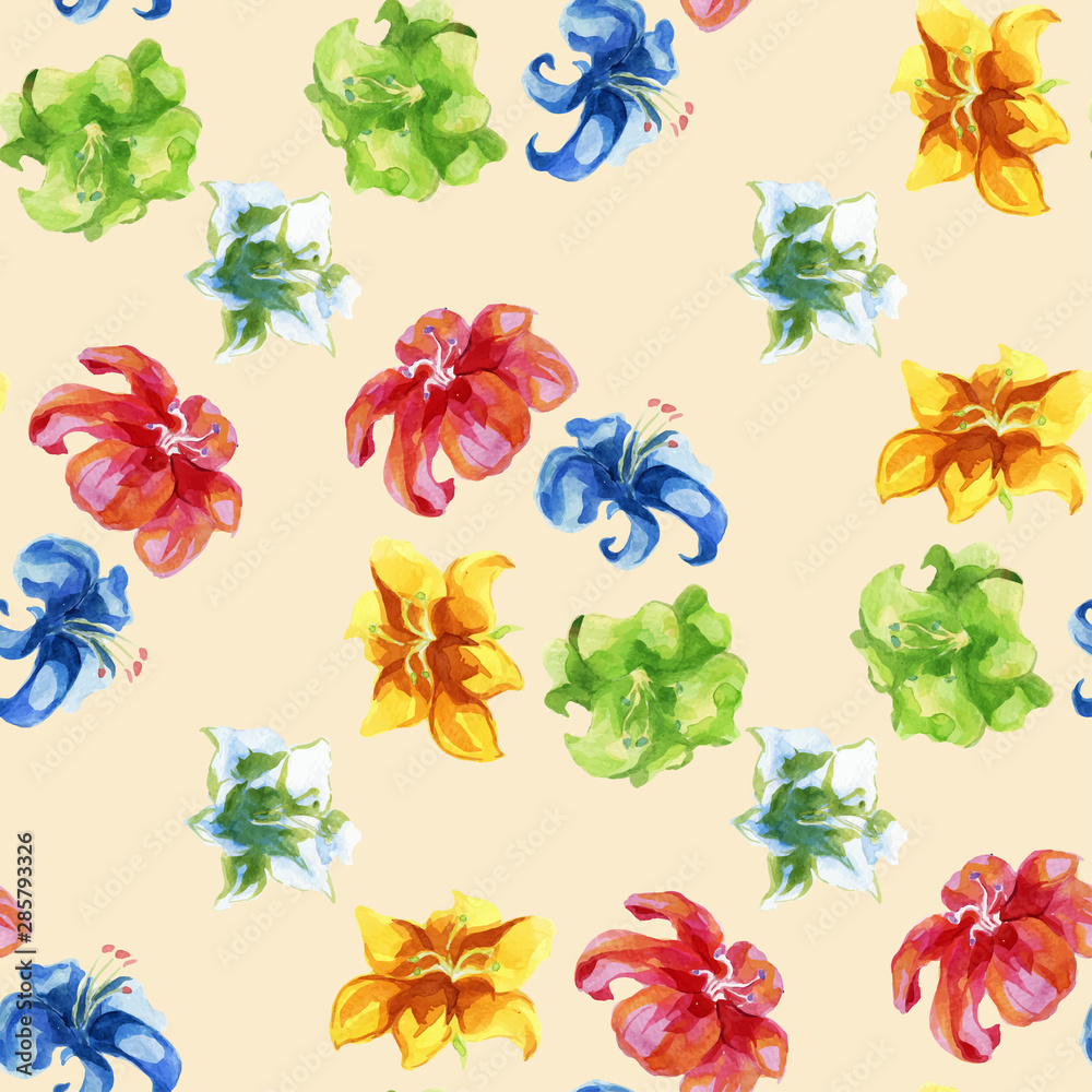 Seamless lily flower pattern. Watercolor seamless pattern of lily flowers. Floral bouquet vector  pattern with hand drawing lily flowers, colorful botanical illustration, floral elements.