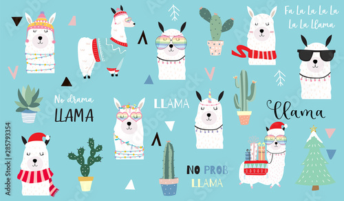 Cute animal object collection with llama,cactus,geometric. Vector illustration for icon,logo,sticker,printable.Editable element