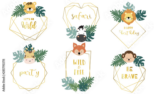 Safari object set with animal,monkey,giraffe,zebra,lion,leaves. illustration for logo,sticker,postcard,birthday invitation.Editable element