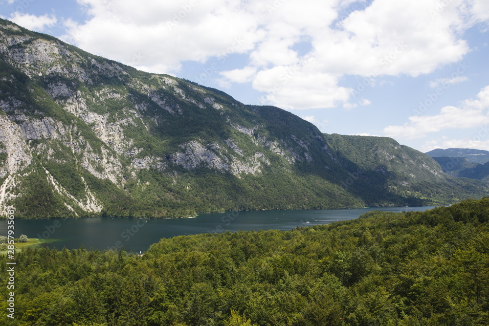 View from above of Lake Bohinj and surrounding mountains, from sky lift and Mount Vogel