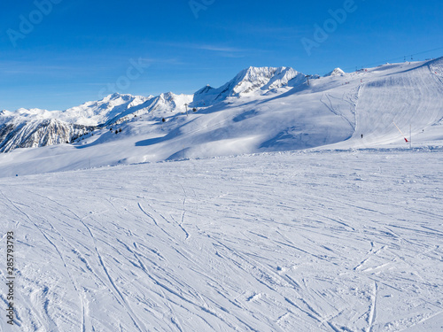 COURCHEVEL, FRANCE - January 2018: Amazing view of snow covered Courchevel slope in French Alps. Ski Resort Courchevel