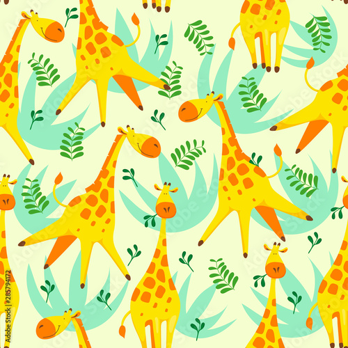 Seamless pattern with cute little funny giraffes and plants on yellow-green background.