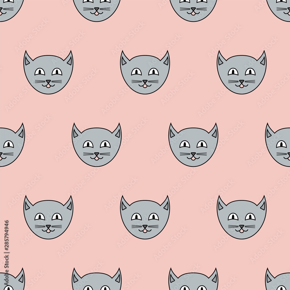 Seamless pattern of face cats. Vector background with cute kittens