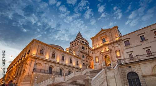 baroque church of S. Francesco d'Assisi and monastery of S. Salvatore at sunset, in Noto in Sicily, Italy.
