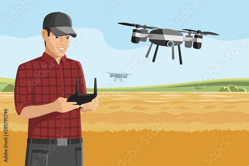 Farmer with drone on a wheat field. Digital transformation in agriculture and smart farming. Vector illustration EPS10