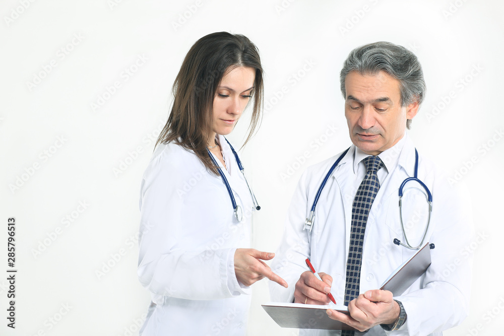 two physician discuss the diagnosis of the patient.isolated on white background two physician discuss the diagnosis of the patient.isolated on white background