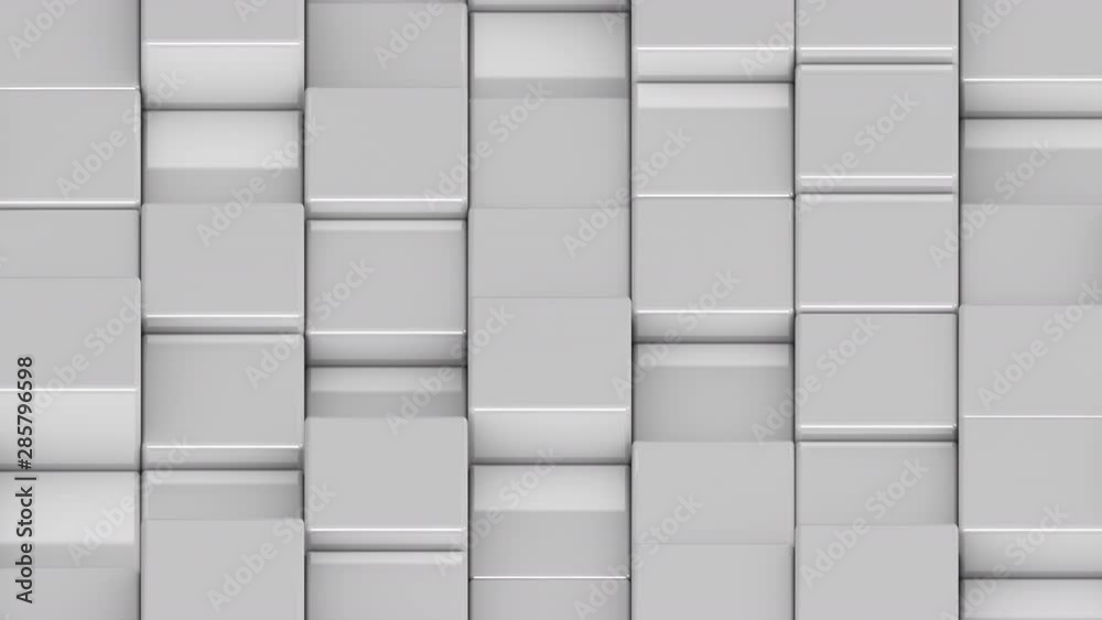 White cubes moving up and down in a random pattern. 3D animated motion background loop. Isometric view.