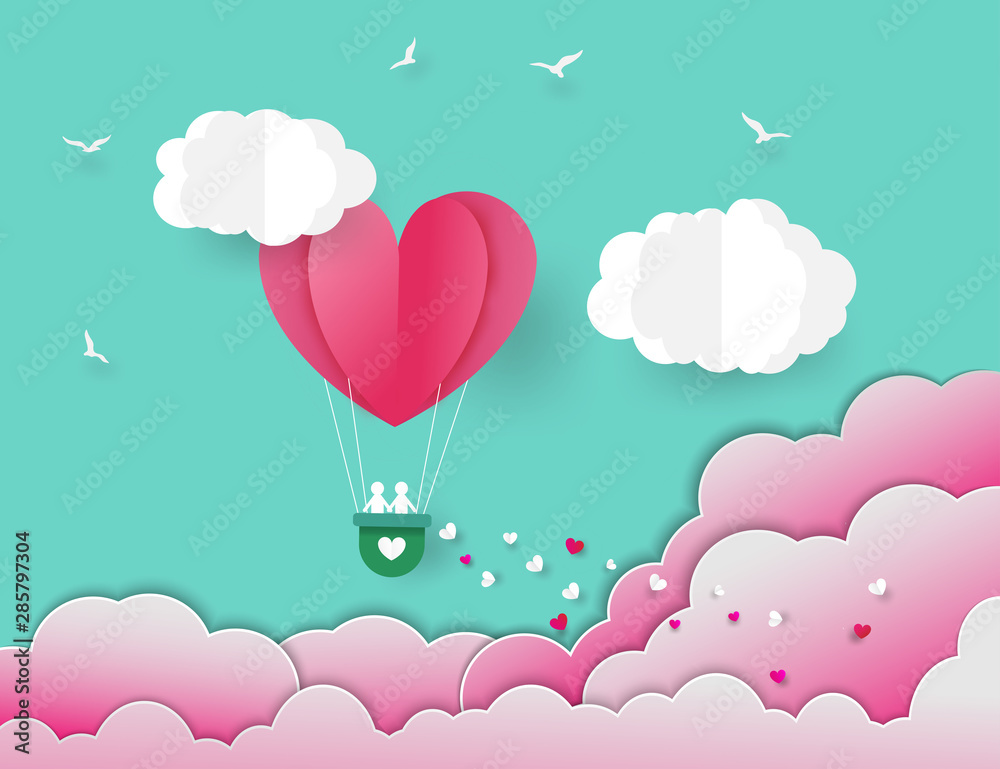 Valentine's day balloons in a heart shaped and Heart float on the sky.Vector EPS 10.
