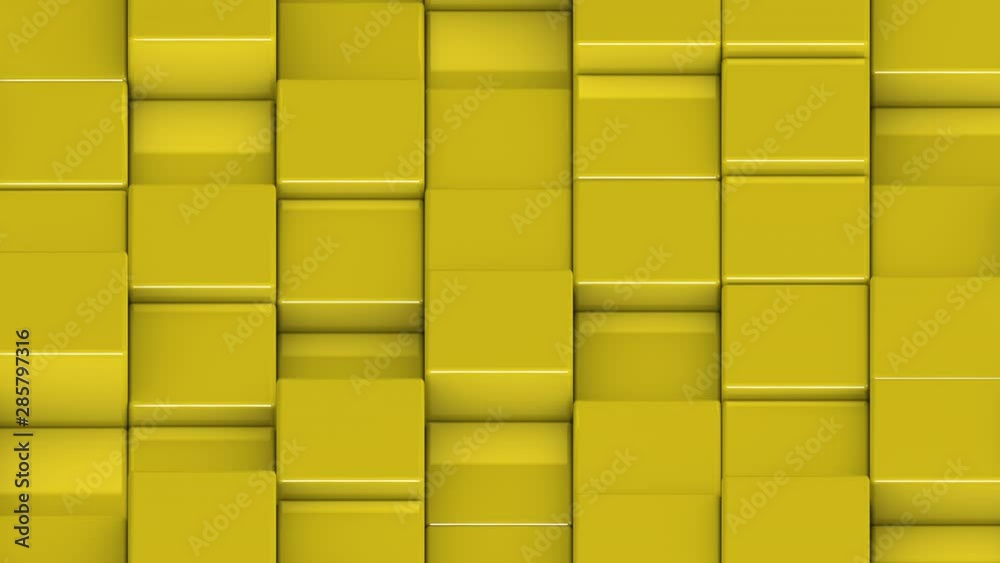 Yellow cubes moving up and down in a random pattern. 3D animated motion background loop. Isometric view.